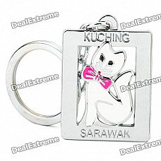 Square White Cat with Pink Bow Tie Style Keychain - Silver + white