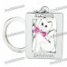 Square White Cat with Pink Bow Tie Style Keychain - Silver + white