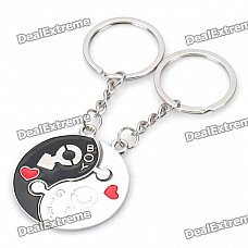 Female/Male Symbol Style Chinese Yin/Yang Shaped Couple Keychains w/ Red Hearts (Pair)