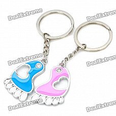 Heart Pattern Footprint Style Zinc Alloy Keychain - Pink + Blue (Pair)