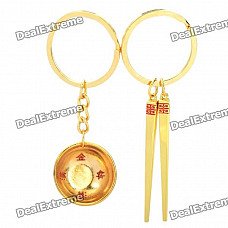 Mini Bowl & Chopsticks Style Couple Lovers Keychain - Gold (Pair)