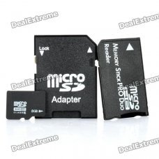 Micro SD/TF Card with SD Card and MS Card Adapter - Black (8GB / Class 6)
