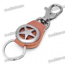 Cool Army Star Designed Cow Leather + Zinc Alloy Keychain - Brown + Silver