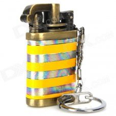 Horizontal Stripe Pattern Butane Gas Lighter w/ Keychain - Silver + Yellow Horizontal Stripe Pattern Butane Gas Lighter w/ Keychain - Silver + Yellow