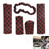 5-in-1 Car Handbrake + Gear Shift + Seat Belt + Rearview Mirror PU Leather Cover Set - Black + Red
