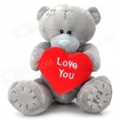Cute Bear Tatty Teddy Holding Love Heart Short Plush Doll Toy - Grey + Red