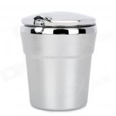 Chromium Plating Cup Shaped Ashtray Dust Bin w/ Blue LED Light for Car - Grey + Silver (1 x CR2032)