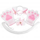 4-in-1 Cat Palm Gloves + Hair Clip + Cat Tail + Butterfly Tie for Cosplay - White + Pink