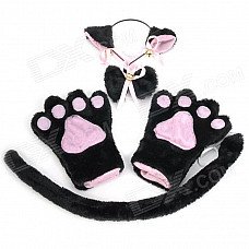 Sexy 4-in-1 Cat Palm Gloves + Hair Clip + Cat Tail + Butterfly Tie for Cosplay - Black + Pink
