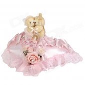 K15D-3 Sweet Heart Shaped Wedding Ring Style w/ Couple Bears Cushion / Pillow - Pink