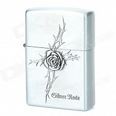 6164 Stylish Rose Pattern Relievo Stainless Steel Kerosene Oil Lighter - Silver