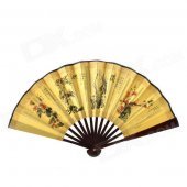 Plum Blossoms Orchid Bamboo Chrysanthemum Pattern 10.7'' Chinese Folding Art Fan - Brown + Yellow