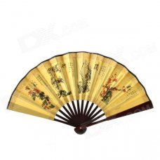 Plum Blossoms Orchid Bamboo Chrysanthemum Pattern 10.7'' Chinese Folding Art Fan - Brown + Yellow