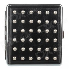 PU Leather + Stainless Steel Double-sided Rivet Cigarette Case - Black + Silver (Holds 20 PCS)