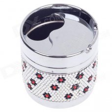 Zinc Alloy Flower Pattern Rotary Cover Ashtray w/ Rhinestone Decoration - Silver + Black + Red Zinc Alloy Flower Pattern Rotary Cover Ashtray w/ Rhinestone Decoration - Silver + Black + Red