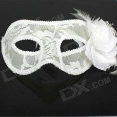 Chiffon With Flowers Feather Women's Mask - White