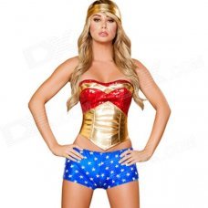 A200001 8735 Sexy 3 PCS Wonder Heroine Costume - Blue + Gold + Red A200001 8735 Sexy 3 PCS Wonder Heroine Costume - Blue + Gold + Red