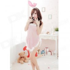 B04 Cute Sexy See-through Bunny Costume Wear Set - White + Light Pink (4 PCS)