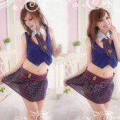 Women's Sexy Fashionable Student Style Spandex Sleep Top + Skirt Set - Blue + Red
