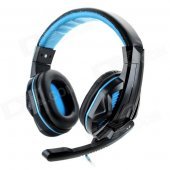 3.5mm Headband Wired Gaming Headset w/ Sound Card / Microphone - Black + Light Blue (240cm)