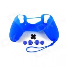 A-M011 Protective Silicone Case + Rocker Cap + Cross Key + Key Cap Set for PS4 Controller - Blue