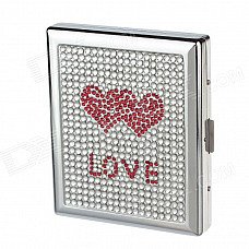 "LOVE" Style Rhinestone Studded Aluminium Alloy Clamshell Double-Sided Cigarette Case - Sliver + Red