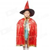 Halloween Costume Dress Up Hexagram Patterned Witch Cloak w/ Hat for Children - Red + Black (L)