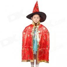Halloween Costume Dress Up Hexagram Patterned Witch Cloak w/ Hat for Children - Red + Black (L)