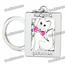 Square White Cat with Pink Bow Tie Style Keychain - Silver + white