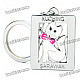Square White Cat with Pink Bow Tie Style Keychain - Silver + white