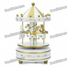 Mini Carousel Merry-Go-Round Style Rotating Music Box with "Castle in the Sky" Melody - Gold + White