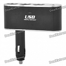 Triple Car Cigarette Sockets Power Adapter with USB Power Port - Black (DC 12~24V)