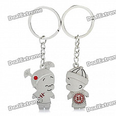 Chinese Wedding Couple Dolls Style Lovers Keychain - Silver + Red (Pair)