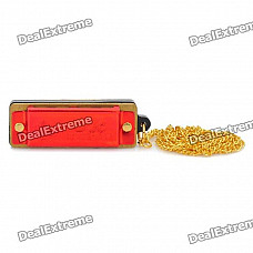 Mini 4-Hole 8-Tone Harmonica with Chain - Red + Golden