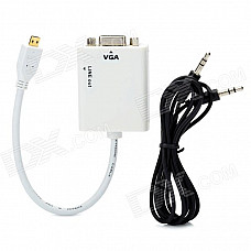 Micro HDMI Male to VGA Female Converter Adapter w/ 3.5mm Audio Jack - White