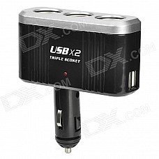 Triple Car Cigarette Sockets Power Adapter with Dual USB Power Ports - Black + Silver (DC 12~24V)