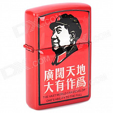 Chairman Mao Pattern Stainless Steel + Plastic Windproof Oil Lighter - Red