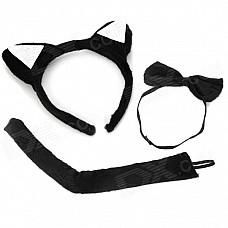 Cute Costume Party Holiday Wild Cat Ears Headband + Bow Tie + Tail Set - Black (3 PCS)