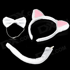 Cute Costume Party Holiday Cat Ears Headband + Bow Tie + Tail Set - White + Pink (3 PCS)