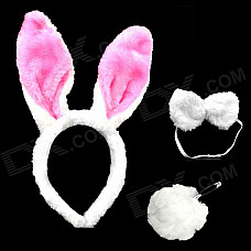 Cute Costume Party Holiday Rabbit Ears Headband + Bow Tie + Tail Set - White + Pink (3 PCS)