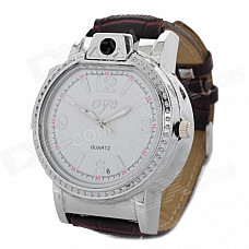 2-in-1 PU Leather Quartz Wrist Watch w/ Butane Lighter - Silver + Brown (1 x 377)