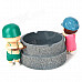 Little Sweet Couple Pushing Manual Stone Mill Style Ashtray - Grey + Green + Pink