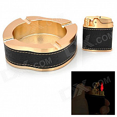 HONEST 2-in-1 Genuine Leather Zinc Alloy Butane Jet Lighter / Ashtray Set - Golden + Black