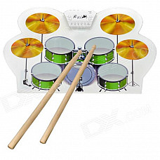 W1008 Portable Roll-up USB Drum Kit with Drum Sticks - White + Green + Yellow