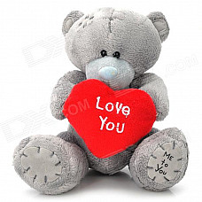 Cute Bear Tatty Teddy Holding Love Heart Short Plush Doll Toy - Grey + Red