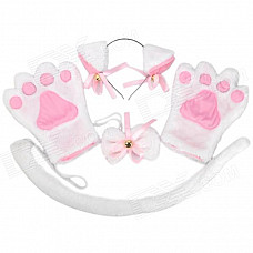 4-in-1 Cat Palm Gloves + Hair Clip + Cat Tail + Butterfly Tie for Cosplay - White + Pink