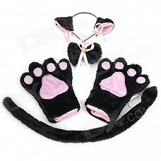 Sexy 4-in-1 Cat Palm Gloves + Hair Clip + Cat Tail + Butterfly Tie for Cosplay - Black + Pink