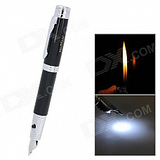 3-in-1 Fountain Pen w/ Butane Lighter + White Illuminating Light - Black + Silver (3 x AG4)