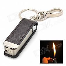 HONEST Genuine Leather + Stainless Steel Butane Lighter w/ Knife / Keychain - Brown + Silver