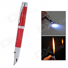 Pen Style Butane Jet Lighter w/ Flashlight - Red + Silver